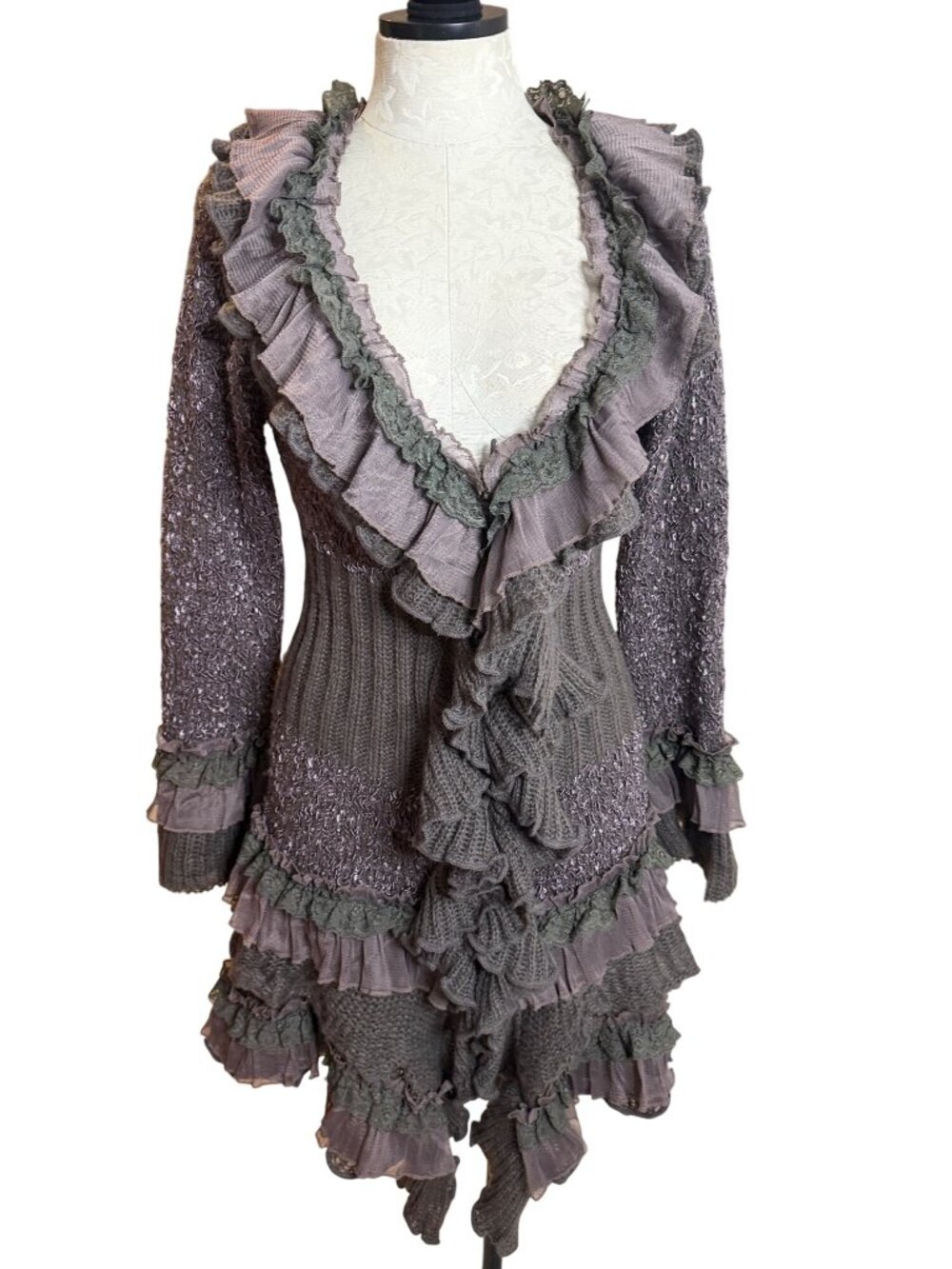 Cecice Womens Ruffled Lace Mixed Knit Cardigan Size L Purple Gray Fairycore Y2K